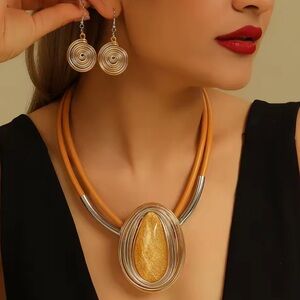 Amber Glow Spiral Pendant Necklace with Matching Earrings